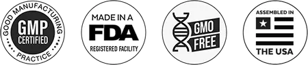 Glucotonic certified badges — GMP FDA Natural USA GMO Free