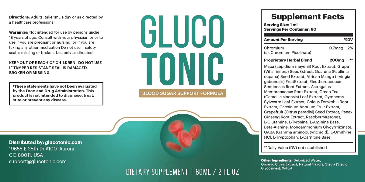 Glucotonic ingredients and supplement facts label